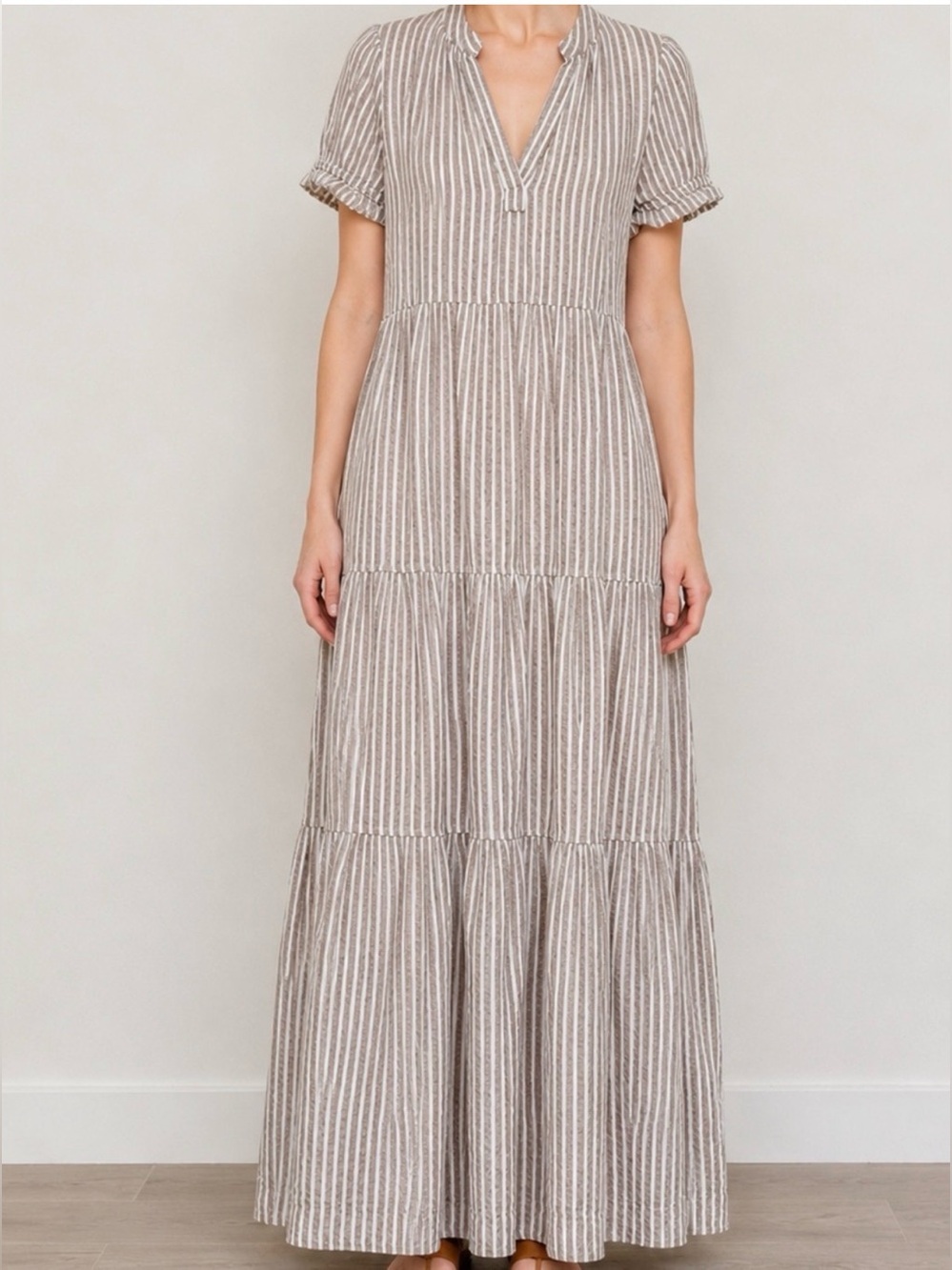 Cynthia Rowley Beige and White Striped Tiered Maxi Linen Dress - Picture 2 of 8